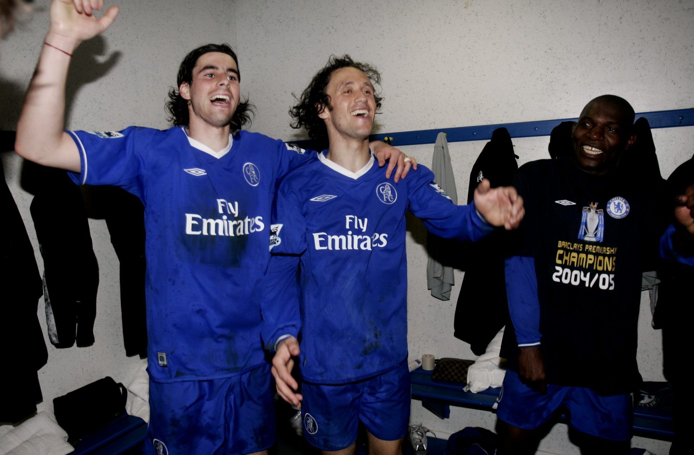 Ricardo Carvalho celebrates in Chelsea's changing room