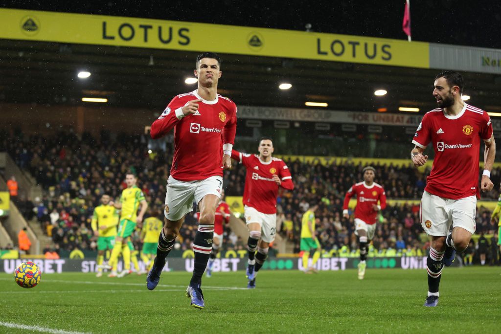 Cristiano Ronaldo celebrates after scoring penalty for Man United against Norwich City