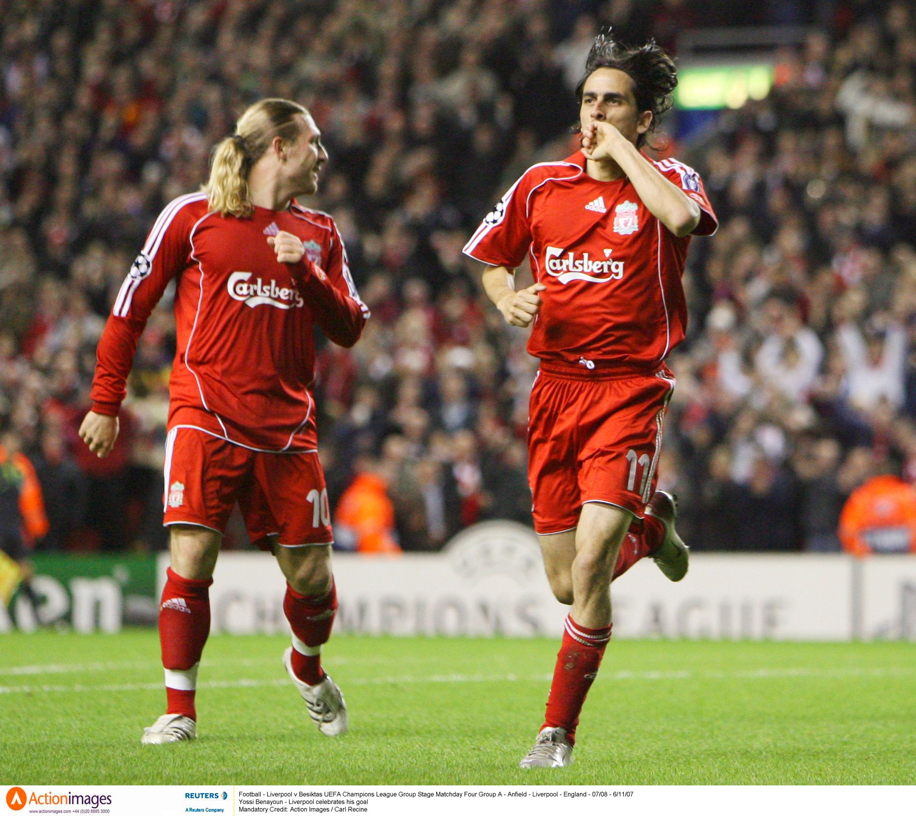 Yossi Benayoun and Andriy Voronin in action for Liverpool