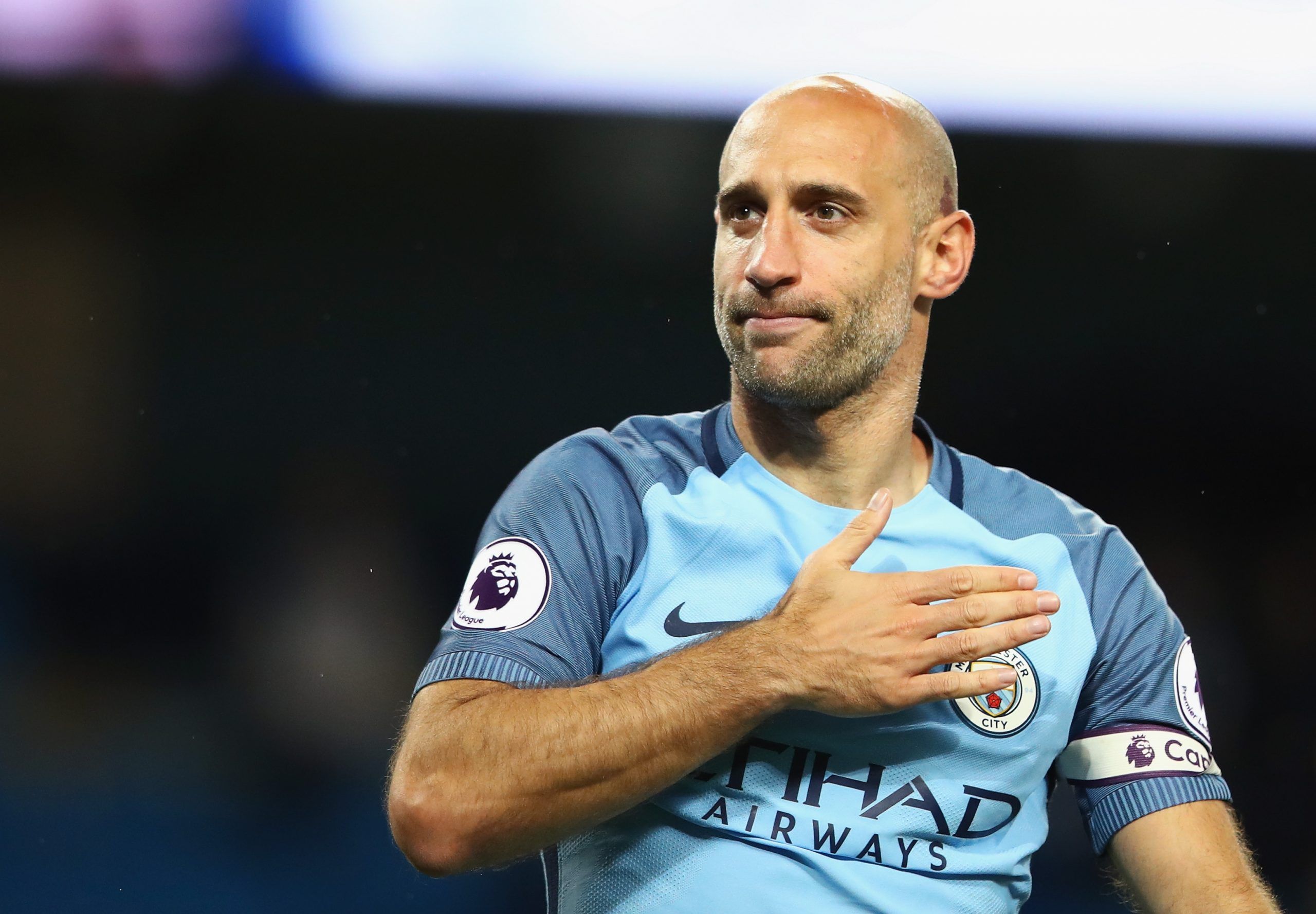 MANCHESTER, ENGLAND - MAY 16: Pablo Zabaleta of Manchester City shows appreciation to the fans after the Premier League match between Manchester City and West Bromwich Albion at Etihad Stadium on May 16, 2017 in Manchester, England. (Photo by Clive Mason/Getty Images)